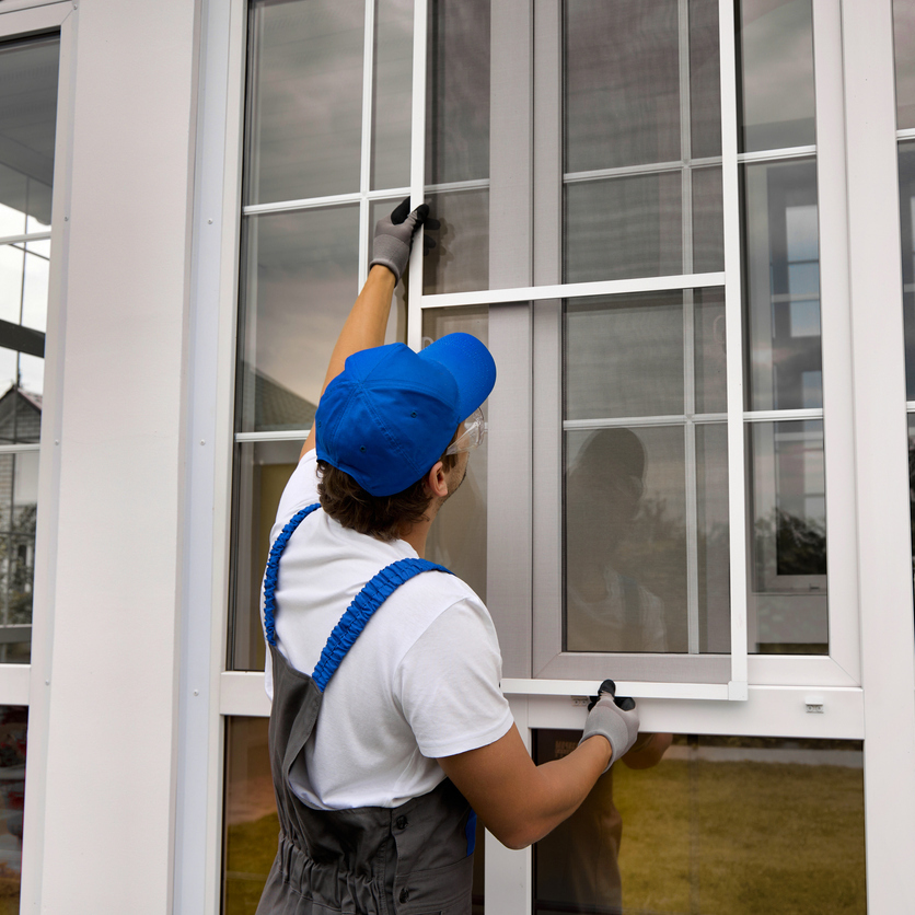 Installation of a mosquito net on a large window outside a modern building